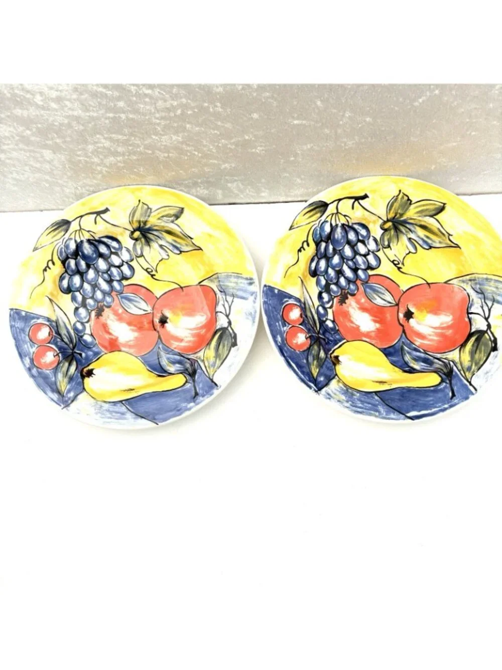 PIER 1 Italy Pasta Bowls Set of 2 Hand Painted Fruit Yellow 9” Vintage
